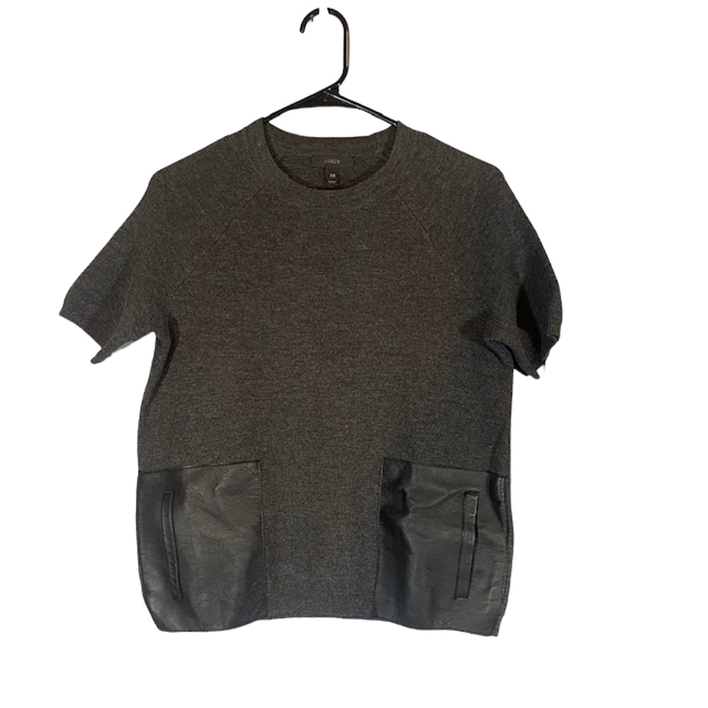 J. Crew Gray Wool Knit Short Sleeve Sweater Leather Patch Pocket Women Sz XXS